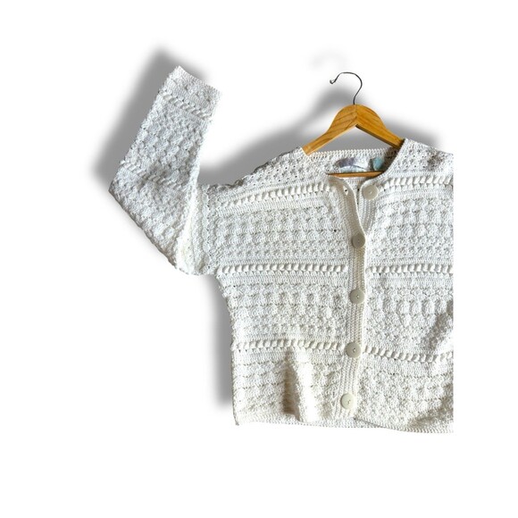 Vintage White Knit Cardigan Button Front Hand Knit Sweater Womens Medium - Picture 3 of 16